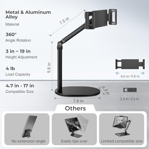 Tablet Stand for iPad, Adjustable Arm Mount Holder Desk with 360° Rotation, Portable Monitor Stand Compatible with iPad mini Air Pro, Kindle, Switch, Galaxy Tab, Phones