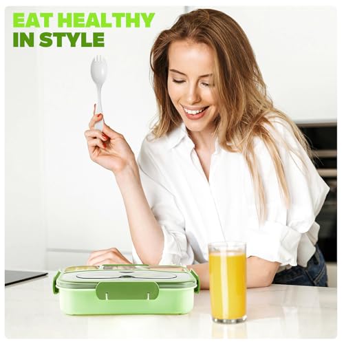 EASYFUN Bento Box Adult, Lunch Box, 4-Compartment Lunch Containers, Drop-Proof, Dishwasher Safe & Made with BPA-Free Materials (Green) - color: Green