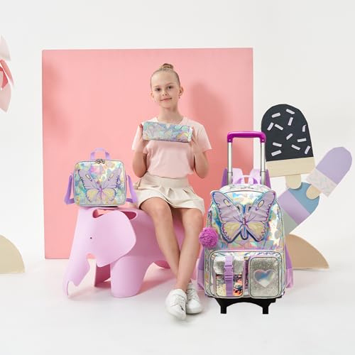 Meetbelify Girls Cute Backpack with Wheels for Elementary Students Kids Black Travel Luggage - color: Butterfly