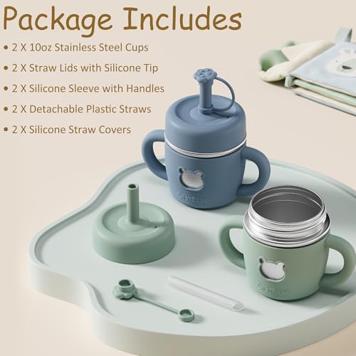 Fimibuke Sippy Cups for Toddlers, 10 OZ Spill Proof Kids Cup, Leak Proof Stainless Steel Tumbler with Handle, Silicone Straw & Sleeve, BPA Free Dishwasher Safe Girl Boy Kids Water Bottle, 2 Packs - color: Lavender & Blue