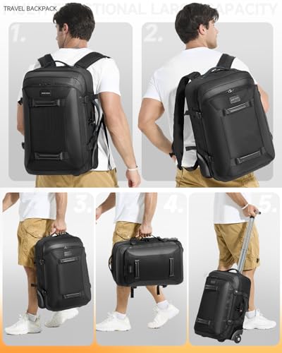 Backpack with wheels,Rolling laptop backpack with 2 Packing Cubes,Water-Resistant,Wheeled backpack Suitcase for Men Adults to Travel, Commuting,Black - color: Black-three