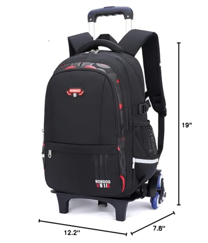 Boys Rolling Backpack Elementary Middle School Students Bookbag with Wheel Teens Trolley Removable Schoolbag - color: B-black&red