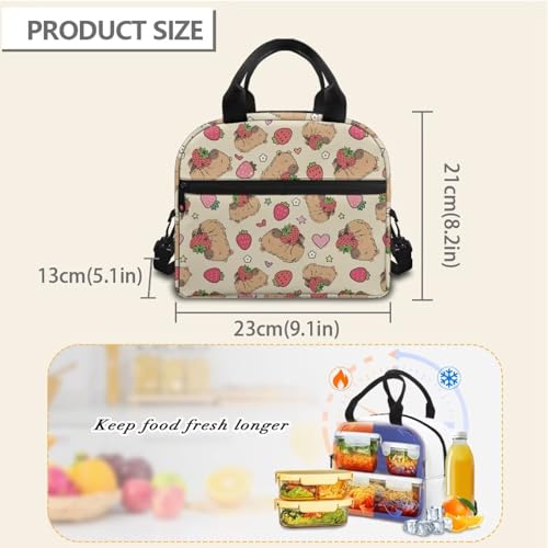 Cute Capybara Kindergarten Lunch Box for Girls 4-6 Strawberry Preschool Lunch Box for Girls 6-8 Kindergarten Meal Bag Toddler Students Elementary School Adjustable Shoulder Strap Lightweight - color: Strawberry Cute Capybara