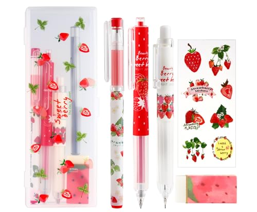 Cute Strawberry Pens Set Include Kawaii 0.5mm Strawberry Mechanical Pencil,Mechanical Pencil Lead Refills,Erasers,Gel Pens,Stickers,Strawberry Stationery Set for Office School Supplies