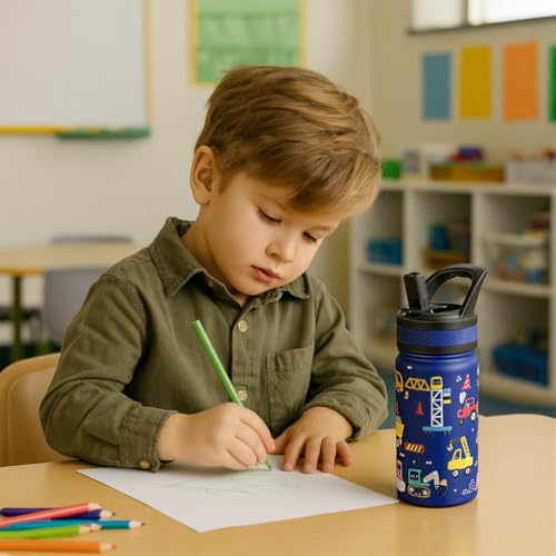Fanhaw 14 Oz Kids Insulated Water Bottle with Straw - Stainless Steel Double Wall Vacuum Cup, Leakproof, BPA Free, Suitable for Boys and Girls(White - Heavy Traffic)