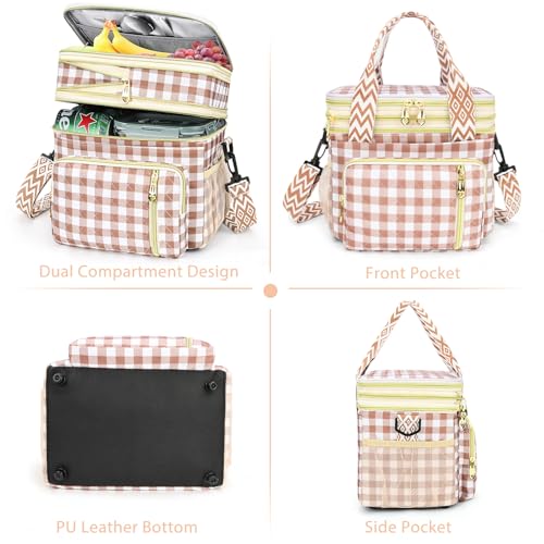 LOKASS Lunch Box for Women-16L-Insulated Lunch Bag Women, Expandable Double-layer Leakproof Cooler Bag with Upgrade Adjustable Shoulder Strap Ideal for Work/Travel/Picnics(Brown&White Check) - color: Brown&White Check