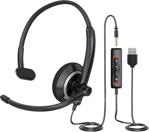 awatrue Single Ear USB Headset with Microphone for PC Lightweight | Adjustable Lightweight Computer Headset with Mic for Call Center, Office, 3.5mm & USB Compatible Headphone with Mic - color: Black, style: Single Ear(USB & 3.5mm)