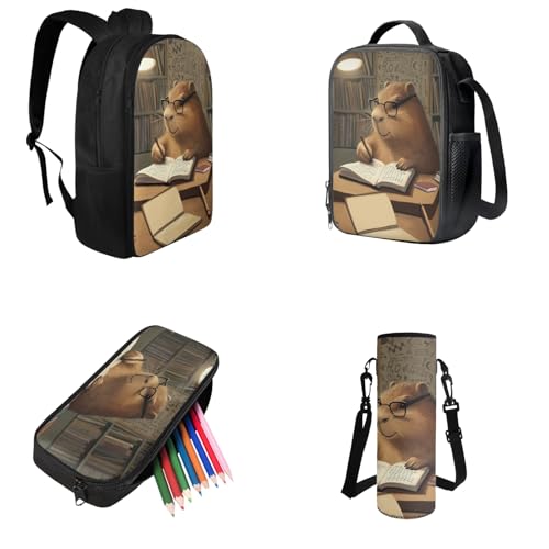 Cool Capybara Backpack with Lunch Box Kids Boys Back to School, Backpack for 2nd Grade Boys Back to School Back Pack Pencil Case and Water Bottle Holder 4 Piece Set for Kids Study - color: Capybara