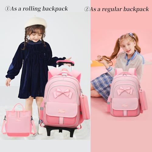 MITOWERMI Rolling Backpack for Girls 3Pcs Elementary School Bag Cute Bowknot Backpack with Wheels Girls Bookbags with Handbag Trolley Bags Kids Carry-On Luggage - color: Style c-3Pcs Pink-2 Wheels, style: 2 Wheels Trolley + Backpack Sets