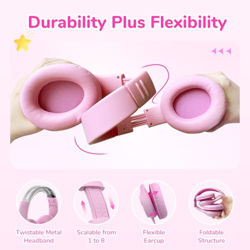 EarFun K3 Kids Headphones, Over Ear Headphones with Microphones, 85/94dB Safe Volume Limit, HD Stereo Sound, 3.5mm Jack, Foldable Wired Headphones for School/Travel/Boys/Girls/Tablet/iPad, Pink - color: Pink