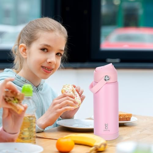 18oz Kids Insulated Water Bottle with Straw Lid & Silicone Handle,Kids Leak Proof Water Bottle for School Boys Girls,Double Wall Vacuum Stainless Steel with Non-slip Silicone Base(LightPink) - color: Light Pink, size: 18 Ounces