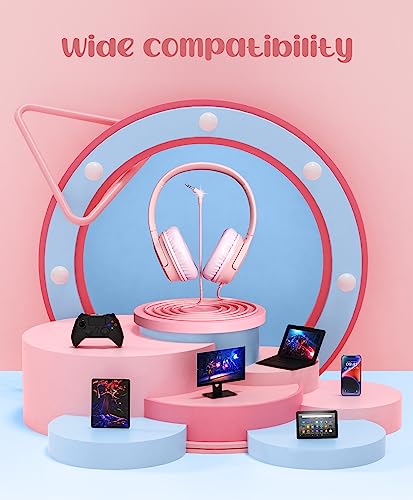DyBaxa Kids Headphones, Wired Foldable On-Ear Headphones for Kids, Volume Limiter 94dB, Kid Headphones for School Classes Travel, 3.5mm Jack Kids Headset Compatible Smartphones Tablet, Pink - color: Pink