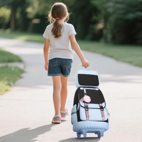 Bevalsa Rolling Backpack for Girls, 3PCS Roller School Backpacks with Lunch Box & Pen Case, Kids Bookbag Schoolbag with Wheels for Teen Girl Kindergarten Elementary Middle School - color: Black Blue