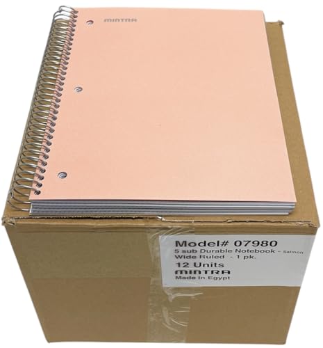 Mintra Office Durable Spiral Notebooks, 5 Subject (Salmon, Wide Ruled 12pk) - color: Salmon, size: Wide Ruled 12pk