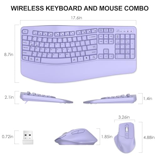 Wireless Keyboard and Mouse Combo, 2.4G Full Size Wave Keys Ergonomic Keyboard with Wrist Rest and 3-Level DPI Adjustable Wireless Ergonomic Mouse for Windows, Mac OS Desktop/Laptop/PC(Purple) - color: purple