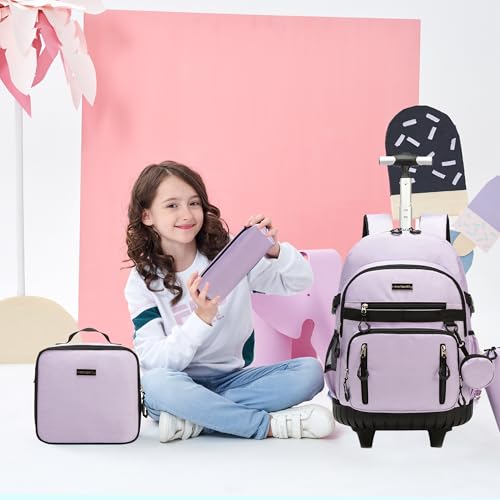 Meetbelify Rolling Backpack for Girls Boys Backpacks with Wheels Kids Carry on Luggage for Girls Boys - color: Girl Purple