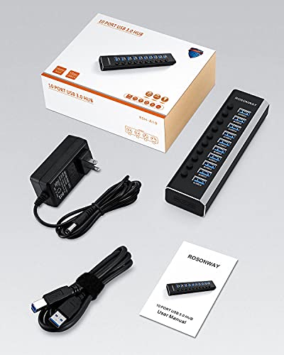 Powered USB Hub, Rosonway Aluminum 10 Port USB 3.0 Data Hub with 36W (12V/3A) Power Adapter and Individual On/Off Switches USB Splitter(RSH-A10) - size: 10-Port Powered USB Hub
