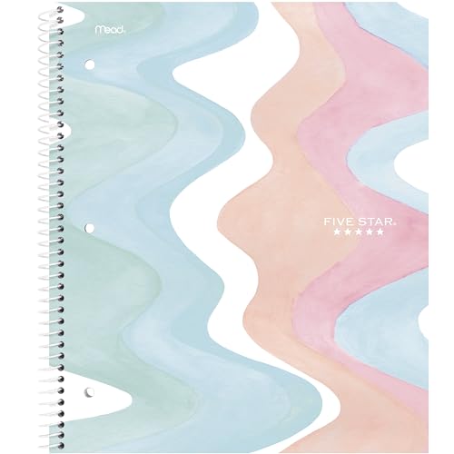 Five Star Spiral Notebook + Study App, 1 Subject, Wide Ruled, 8" x 10-1/2", 80 Sheets, Fights Ink Bleed, Water Resistant Cover, Pastel Waves (930060F)