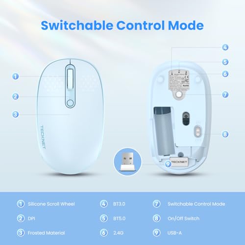 TECKNET Wireless Mouse,Bluetooth Mouse (BT5.3/5.0 & 2.4G) with USB Receiver Silent Optical Computer Mice,Wide Compatibility - color: Blue