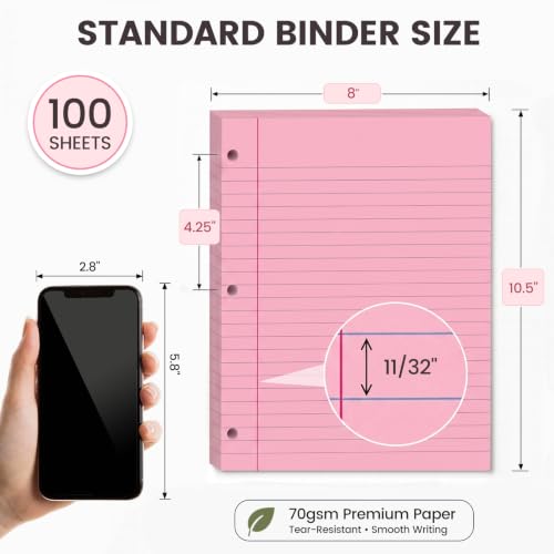 HIBOX Loose Leaf Paper Wide Ruled, 100 Sheets 8"x10.5" 3-Hole Punch, Pink | Anti-Bleed, 11/32" Spacing, Filler Paper for Binders, College, Office, School Supplies, Back to School & Classroom Must Haves - color: pink