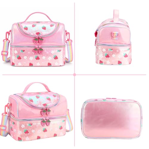 RHCPFOVR Kids Lunch Bag - Double Decker Cooler Insulated Lunch Box for Girls,Washable Lunch Bag and Reusable Toddler Lunchbox for School and Daycare - color: Strawberry