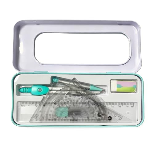 Protractor and Compass Set for School,Geometry Set,Compass Geometry Tool,7P Metal Compass Ruler Eraser Replacement Leads Blue