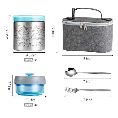 Lille Home Portable Insulated Lunch Box Set with Stainless Steel Cutlery, vacuum lunch box, to Keep Food Warm or Cool, Two Containers for Fruits and Sauces, Durable and Leak-Proof(Blue) - color: Blue