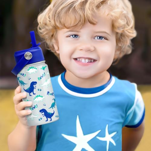 SANDJEST Dinosaur 12 oz Insulated Stainless Steel Water Bottle with Straw Lid - Thermos for Kids & Teens - School, Sports, Travel Cup - color: Dinosaur 1