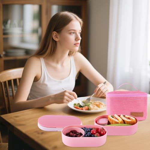 Bento Lunch Box Set -2 Stackable Adult And Women's Lunch Boxes - Including Lunch Bag, Leak Proof And Bisphenol Free A - Built-In Cutlery Set - Dishwasher Safe (Pink) - color: red