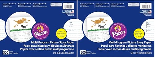 Pacon Multi-Program Picture Story Paper, 12"X9", D'Nealian (K) and Zaner-Bloser (1), 500 Sheets, White (Pack of 2) - size: 12" x 9" (Pack of 2), style: Kindergarten & Grade 1
