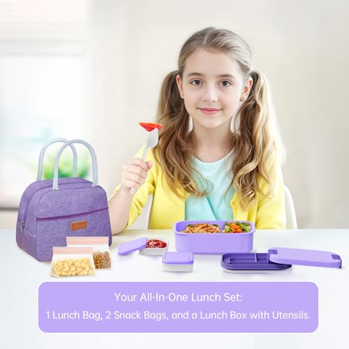 JBGOYON 4-in-1 Bento Box and Insulated Lunch Bag Set, Purple | 6-hour insulation, 7.5 L lunch bag, leakproof 1.9 L container with 2 sauce cups, fork and spoon, 2 snack bags, BPA-fre - color: Purple