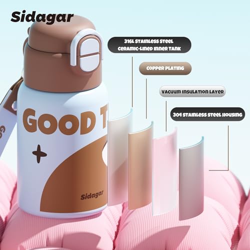SDGA+ Kids Insulated Water Bottle with Shoulder Strap - 22 oz Kawaii Stainless Steel Tumbler with 3D Fuzzy Charm, Leak-Proof Flip Top & Vacuum Flask for School, Travel, BPA Free, Brown - color: Brown