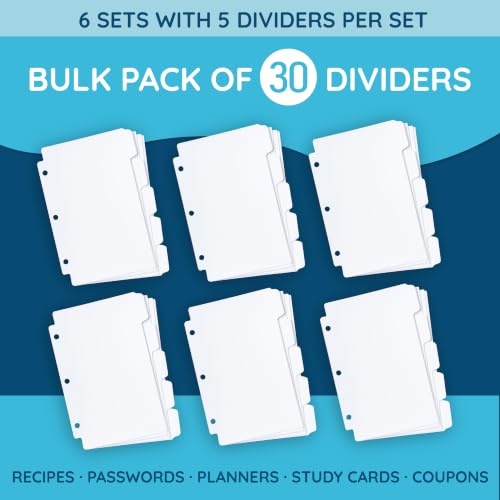 Blue Summit Supplies 5 Tab Mini Tab Dividers, White, 5 Mini Binder Dividers with 3 Hole Punch, for Notebooks and 3 Ring Binders, 5.5 x 8.5 Inches, Heavy Duty Paper, Set of 6, 30 Dividers