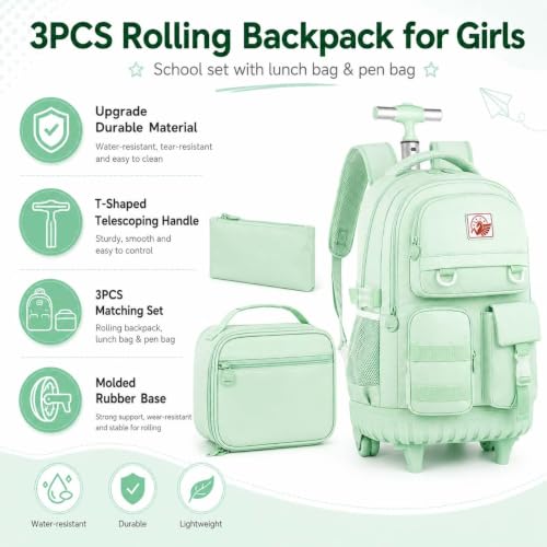 CCJPX Rolling Backpack for Girls Women, 21 inch Roller Wheels School Bookbag, Wheeled Suitcase Backpacks with Lunch Bag for Teen - Green - color: Green