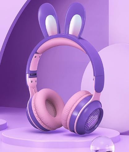 Rabbit Purple Cat Headphones Bluetooth, Noise Cancelling, LED, Mic | Delight your child with these stylish LED cat ear headphones premium noise cancellation, built-in mic, and wireless ease. - color: Rabbit Purple