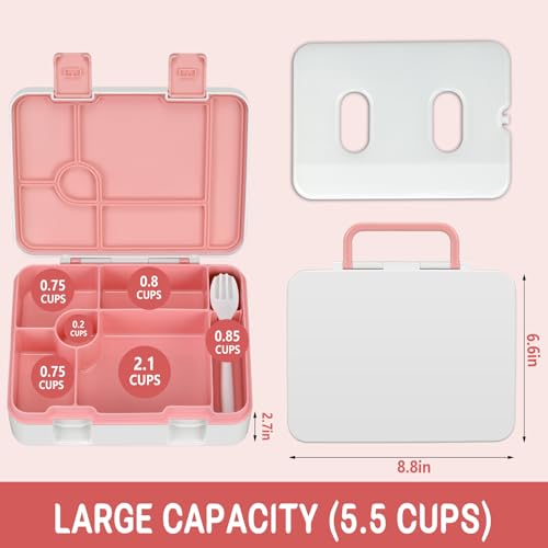 Kids Bento Lunch Box with Ice Pack, 5 Compartments Leak-Proof Bento Box with Utensils, 5.5-Cup Capacity for Adults & Ages 8+, BPA Free, Microwave & Dishwasher Safe, Pink - color: Pink