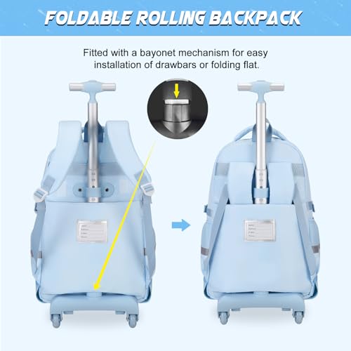 DIGOBAY Rolling Backpack for Girls, Roller School Bag with Wheels, Wheeled Backpacks with Lunch Bag Pencil case for Elementary School Bookbags with Cute Pins Blue - color: Blue