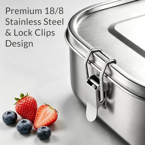 G.a HOMEFAVOR Stainless Steel Bento Lunch Box, 1600 ml/54 oz | Leak-Proof, Dishwasher Safe, BPA-Free, with Lock Clips, Large Capacity, Meal Prep, for Adults - size: 1600 ml - No Compartments