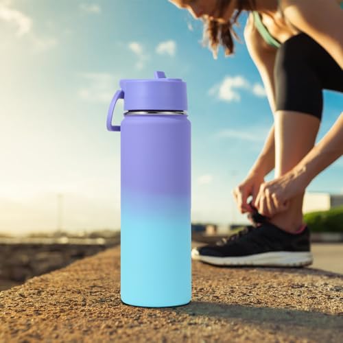 Volhoply 20oz Insulated Stainless Steel Water Bottle with Straw Lid, Kids Wide Mouth Double Wall Vacuum Cups with Handle,Reusable Outdoor Sports Metal Bottles,Camping Travel Flask(Purple Blue,1) - color: Purple Blue