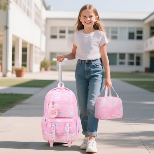 Scothen Rolling Backpack for Girls, 3PCS Roller School Backpacks for Girls with Lunch Bag and Pencil Pouch, Kids Bookbag Schoolbag with Wheels for Teen Girl Kindergarten Elementary Middle School - color: Pink