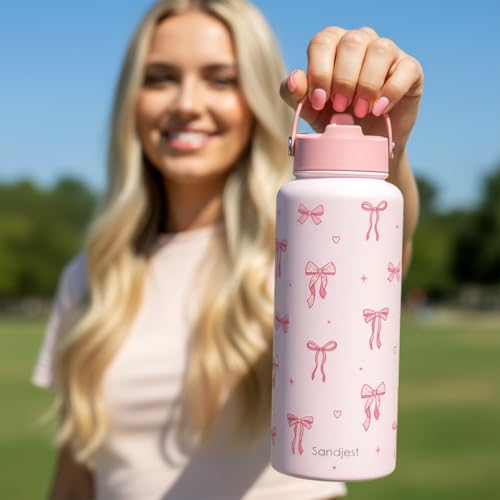 SANDJEST Coquette Bow Gift for Women, Water Bottle Stainless Steel 32oz with Lid & Straw, Pink Bows Aesthetic Insulated Bottles Gifts for Girls Friends Teens Birthday Christmas - color: Bow
