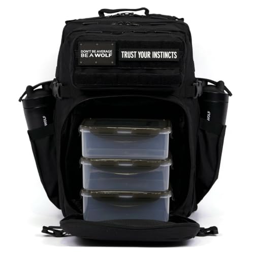 WOLFpak 45L Athletic Gym Backpack - Durable 1000D Waterproof Oxford Material with MOLLE Webbing, Laptop Pocket - color: Alpha Black Meal