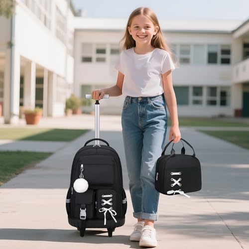 Scothen Rolling Backpack for Girls, Girls Backpack Set with Lunch Box & Pencil Pouch for Teen Girl Kids Children Elementary Middle School, Bookbag Daypack Laptop Travel Backpack with Wheels (Black) - color: Black