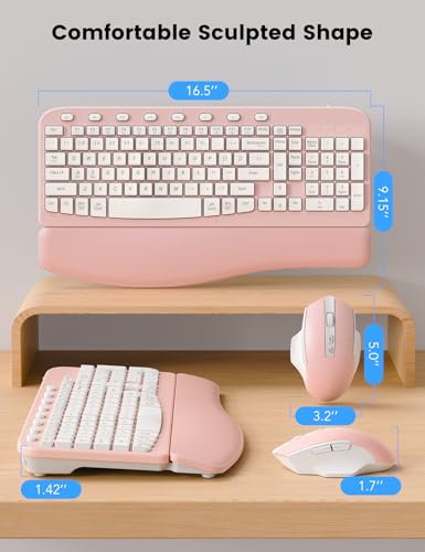 SABLUTE Wireless Keyboard and Mouse Combo with Ergonomic Wave Key | Leather Soft Palm Rest, 2.4G Full Size, 6-Button Mouse, 4-Level DPI, USB-A/C, MA12 Set for PC, Laptop, Windows, macOS (Pink) - color: Blush Pink