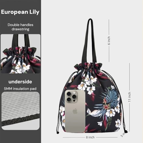 Double-Handle Lunch Bag, Insulated Waterproof Reusable Tote for Women/Students, Fits 2 Bento Boxes + Water Bottle - Ideal for School/Office/Picnic(European Lily) - color: European Lily