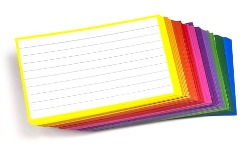 PPAPPAPPIYO 100 Pack 3x5 Ruled Index Cards, Extra Thick 260gsm White Cardstock, Colorful Borders with Ruled Front and Blank Back, Heavyweight Flash Cards for Study, Recipes, and Organization