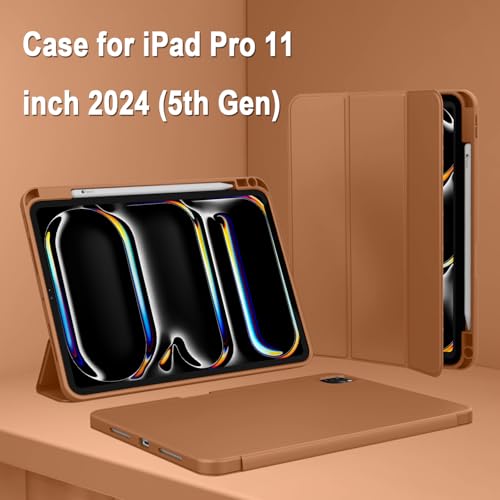 ZryXal iPad Pro 11 Inch Case (M5) 2025/ (M4) 2024 (Model: A2836/A2837/A3006), Trifold Stand Smart Cover with Pencil Holder and Soft TPU Back, Auto Wake/Sleep (New Brown) - color: New Brown