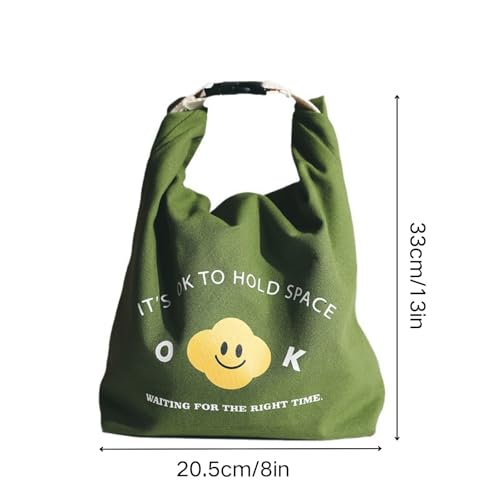 Japanese Bento Bag, Stylish Smiley Face Canvas Insulated Lunch Tote with Handle and Buckle Roll-up Lunch Bag - color: Green