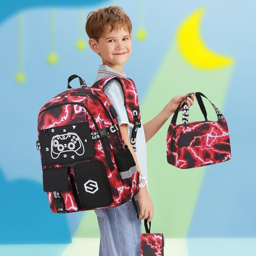 Scothen Boys Backpack, Cool Luminous School Backpacks for Boys with Lunch Bag Pencil Case, Kids Backpack Kindergarten Elementary Middle School Book Bags for Teen Boy Children with USB Charging Port - color: Red Lightning