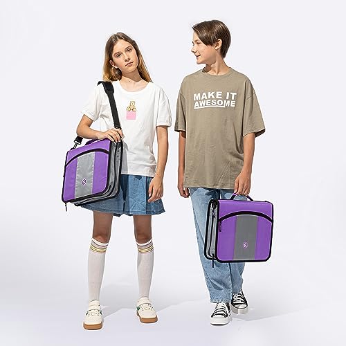 3-Inch Zipper Binder, Round Ring Binder with Expanding Files, Handle and Shoulder Strap, Violet - color: Violet